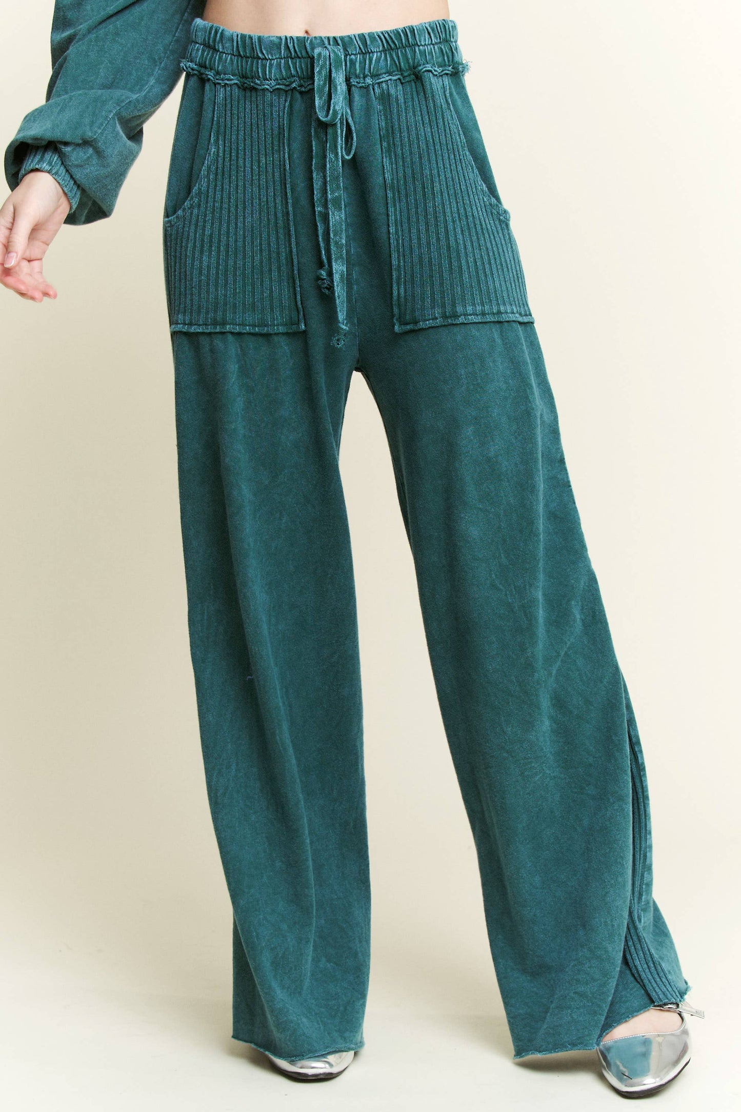Best Mineral Wash Side Knit detail wide leg pantsHE5878P.: Latte / S-M-L / 2-2-2