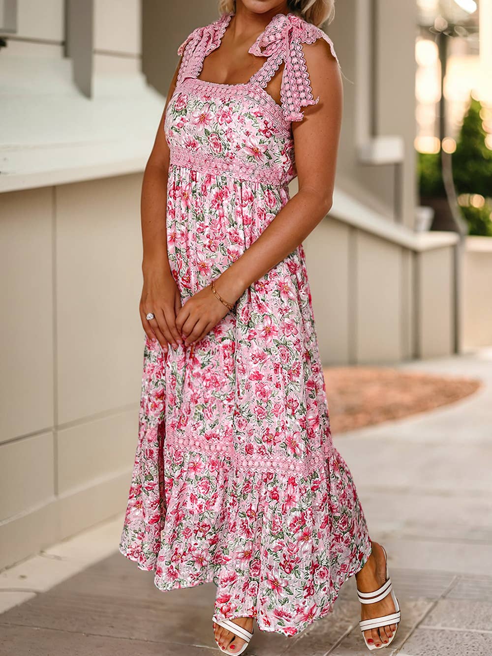 Floral Lace Tied Strap Empire Waist Maxi Dress: Pink / M