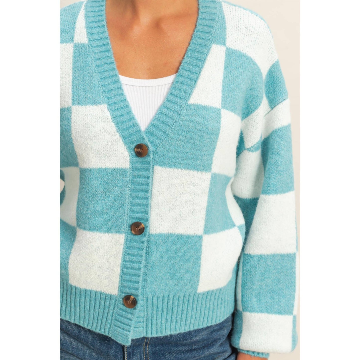 Checkered Button Front Cardigan Sweater: EMERALD/CREAM / S-M-L(2-2-2)