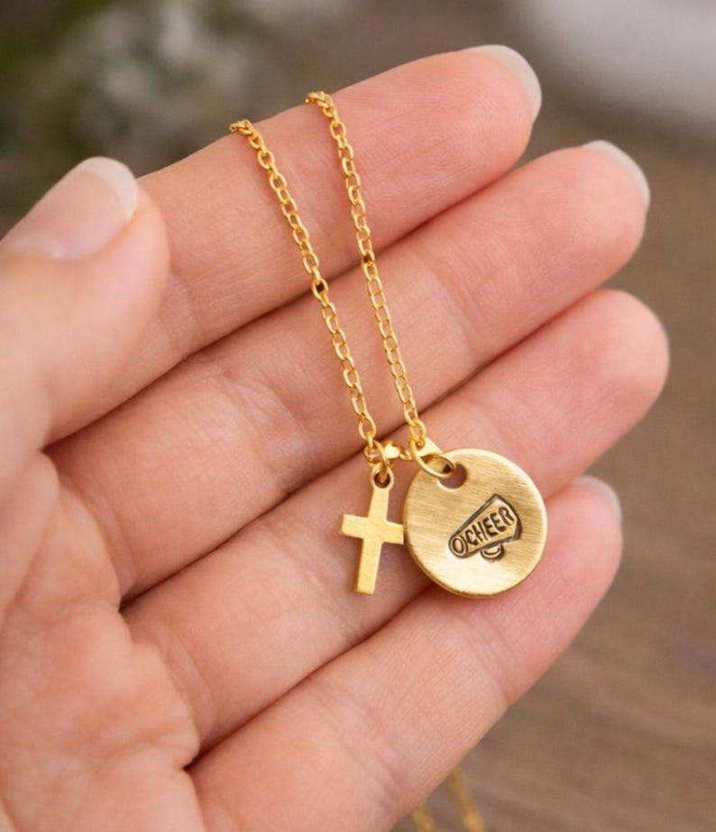 Megaphone Cross Necklace for Cheerleader – Grit Grace and Faith Gift – Cheer Team Jewelry – Senior Night Cheer Gift: Gold / Necklace & Card Only ($10.49)