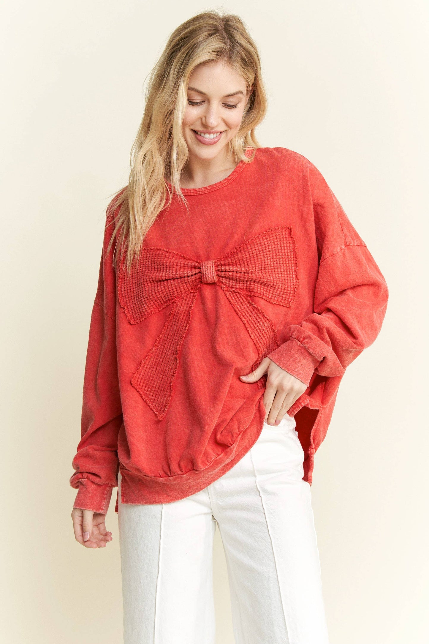 I'm a gift for you Waffle Ribbon bow terry top HT6129: Midnight Green / S-M-L / 2-2-2
