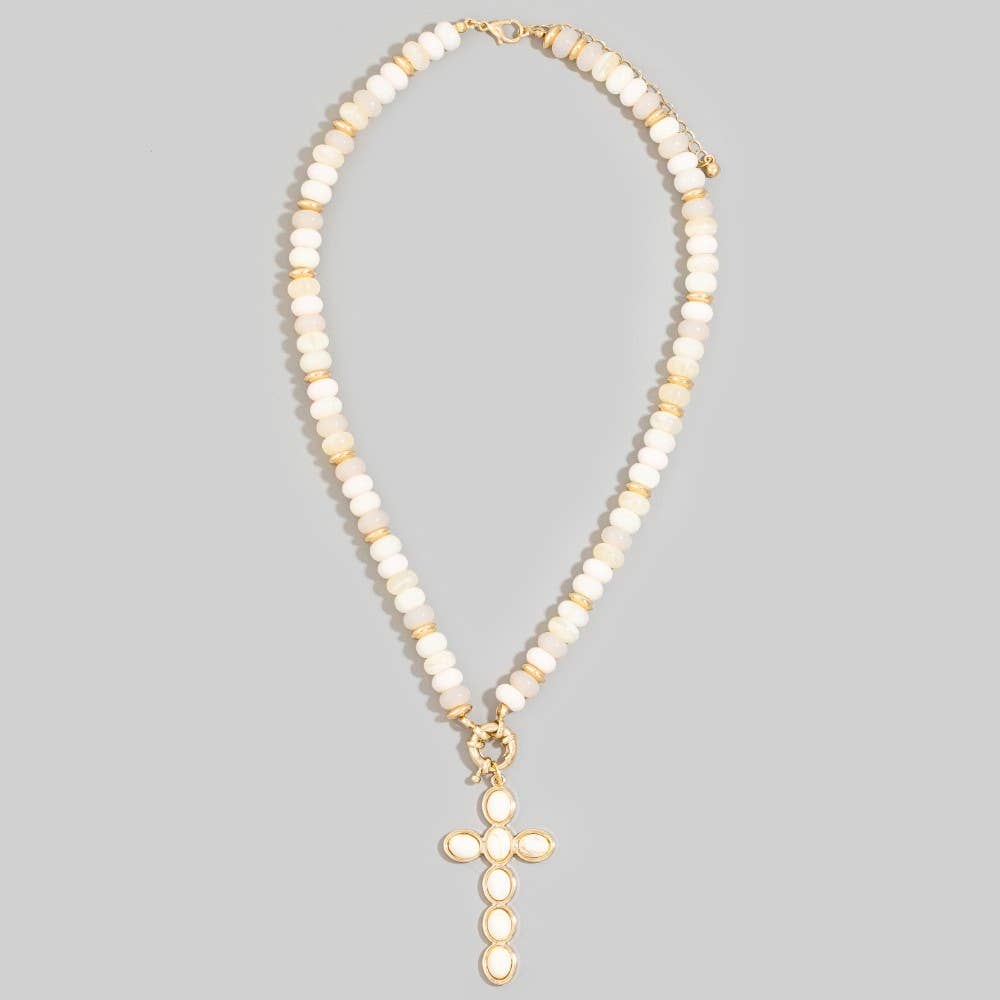 Semi Precious Stone Cross Pendant Necklace: NAT