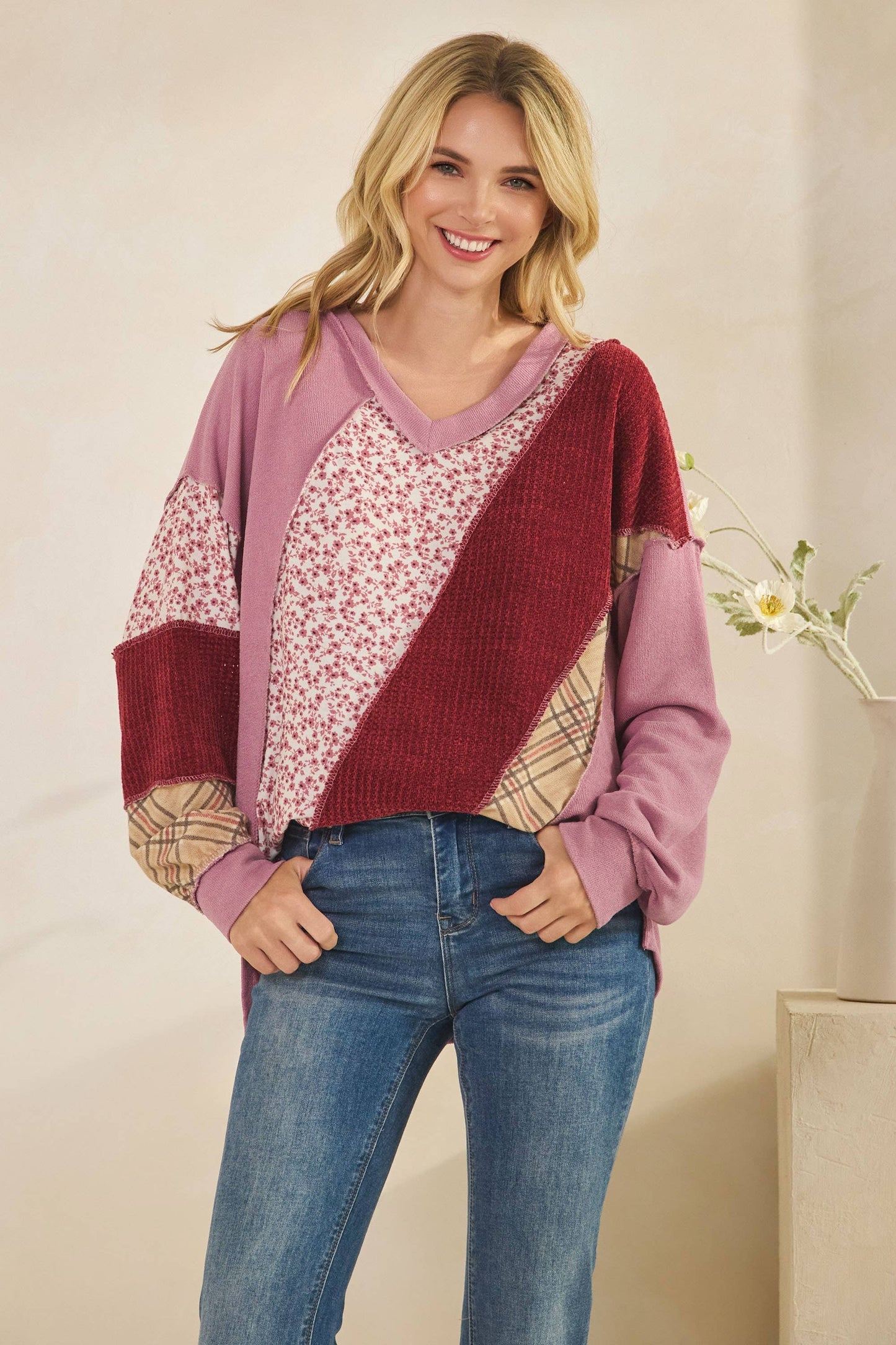 Multi Fabric Patchwork V Neck Long Sleeve Top: MAUVE / 2-2-2-2(S-M-L-XL)