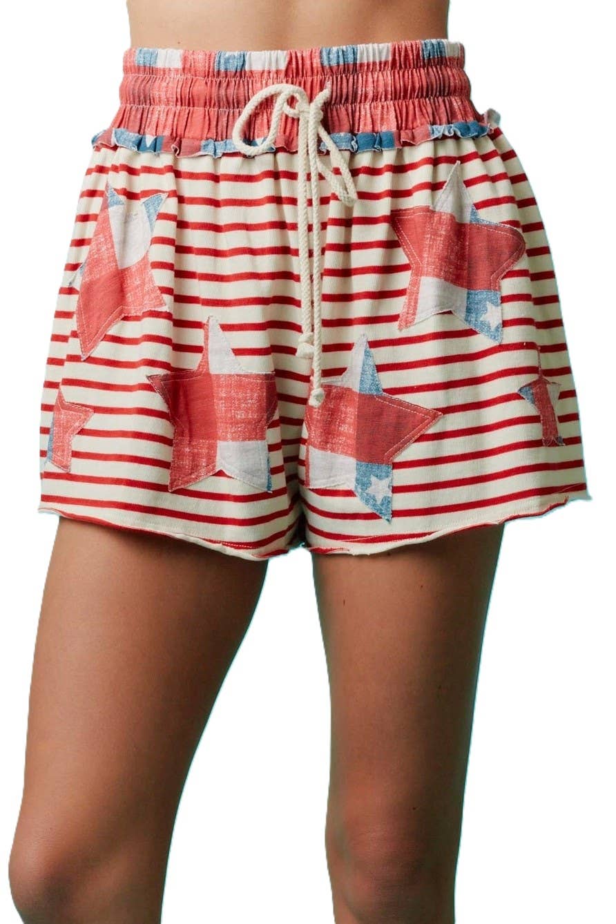 Stripe Knit Shorts With Star Patch Accents: RED / 2-2-2(S-M-L)