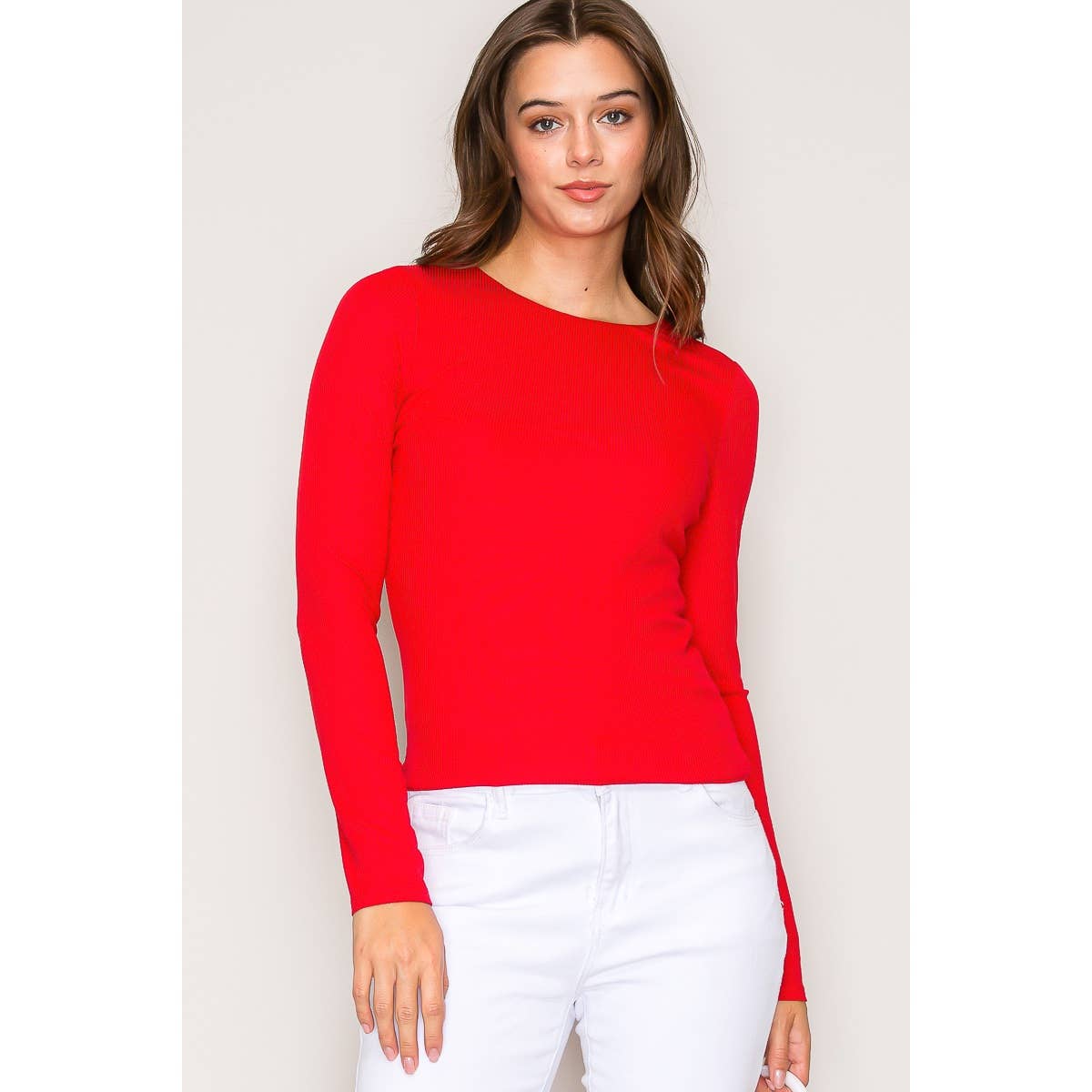 Double Layer Crew Neck Long Sleeve Rib Knit Top: Wine / S-M-L(2-2-2)