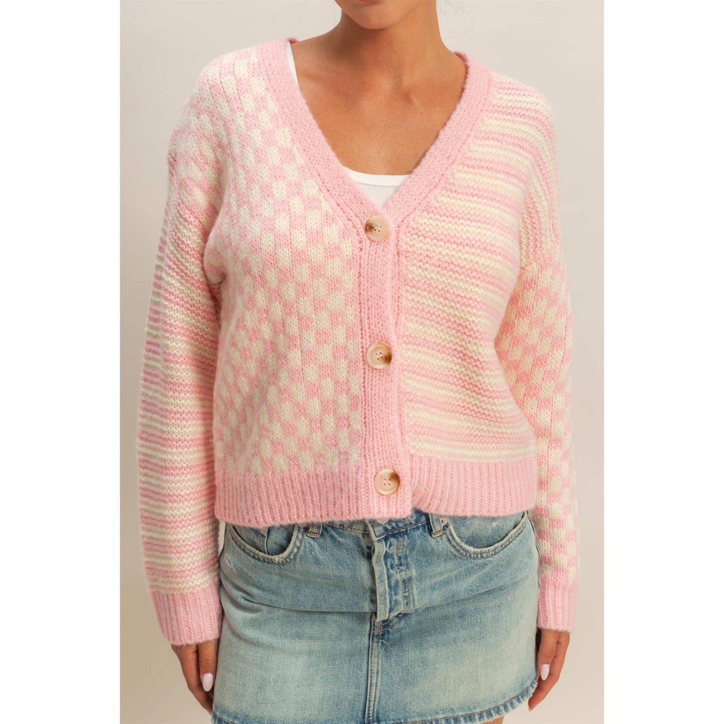 Checker And Stripe Contrast Knit Cardigan Sweater: SOFT PINK/CREAM / S-M-L(2-2-2)