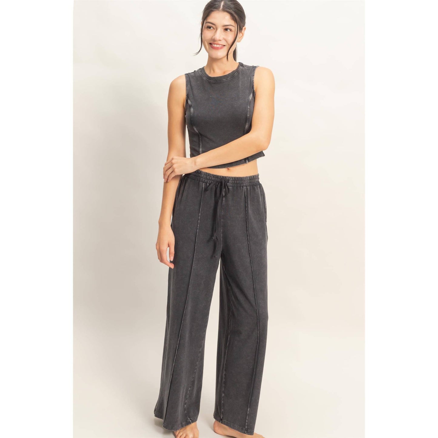 Mineral Washed Sleeveless Top & Wide Leg Pants Set: BLACK / S-M-L(2-2-2)