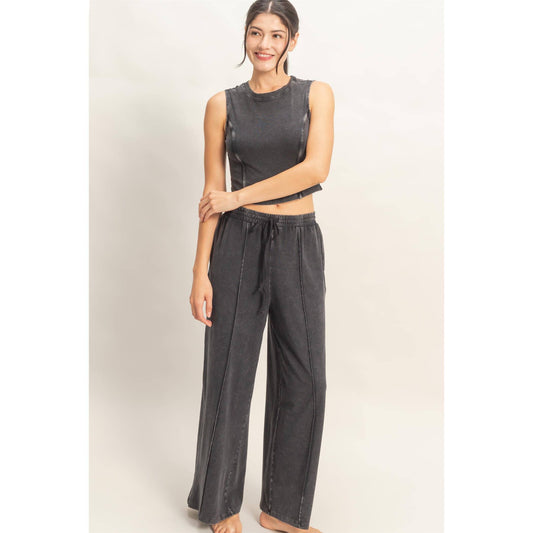 Mineral Washed Sleeveless Top & Wide Leg Pants Set: BLACK / S-M-L(2-2-2)