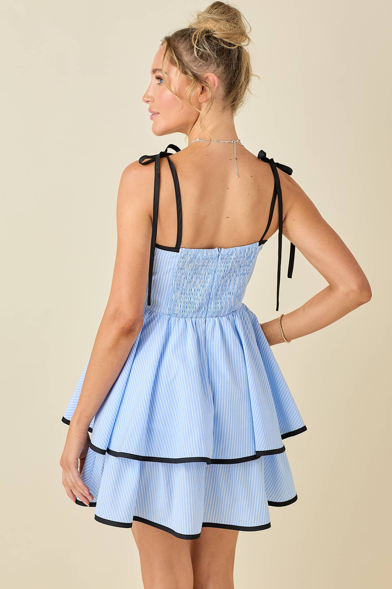 Ribbon shoulder strap with contrast binding dress: BLUE/BLACK / L