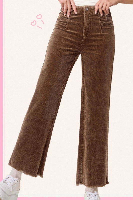 MCP4220-Mineral Washed High Waisted Wide Leg Corduroy Pants: Brown / S