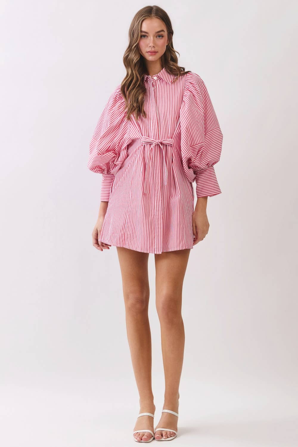 Statement Sleeve Mini Shirt Dress REMI245-S : PINK STRIPE / S