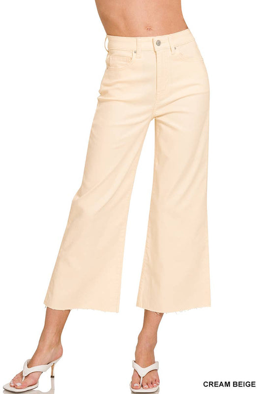 High Rise Flare Cropped Color Denim Pants: CREAM BEIGE / 1-2-2-1 (S-M-L-XL)