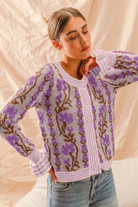 Floral Intarsia Button Up Sweater Cardigan: LAVENDER / 3-2-1 (S-M-L)