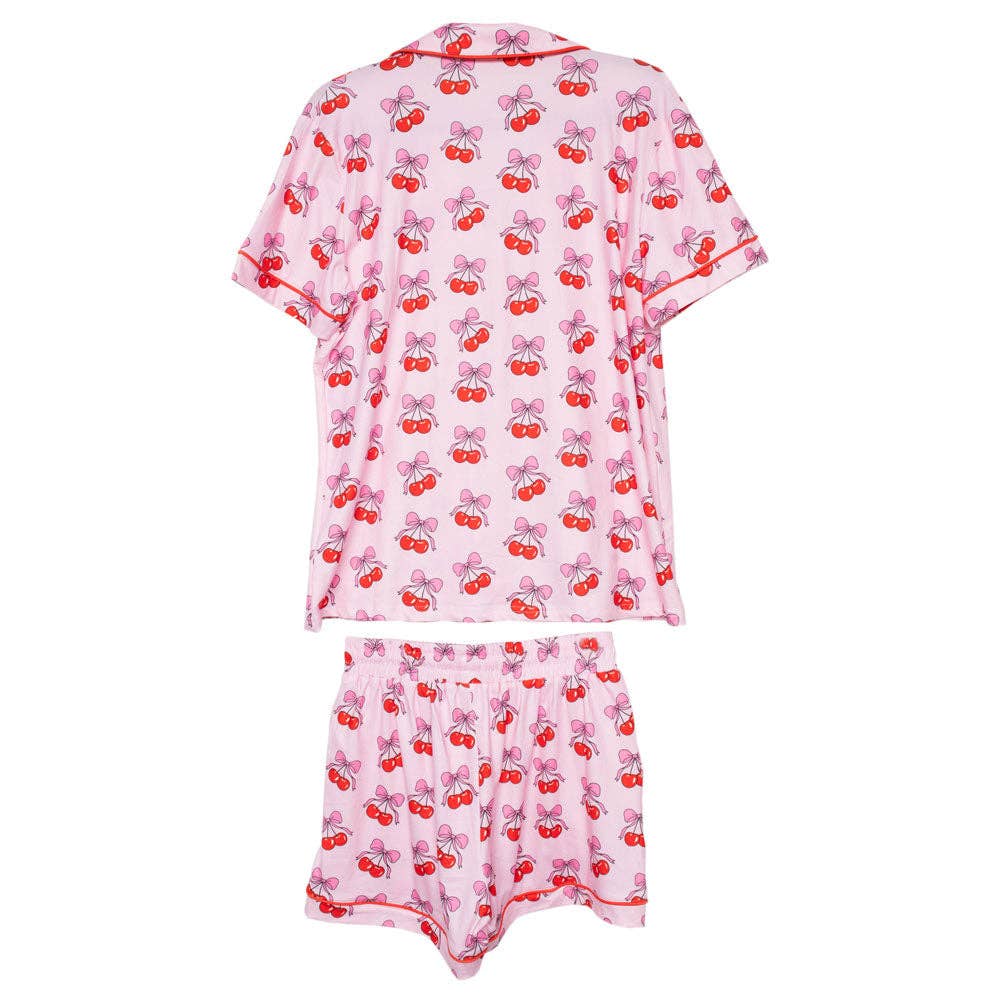 Cherry Bow Repeat Wholesale Cotton Pajamas: Light Pink / XL