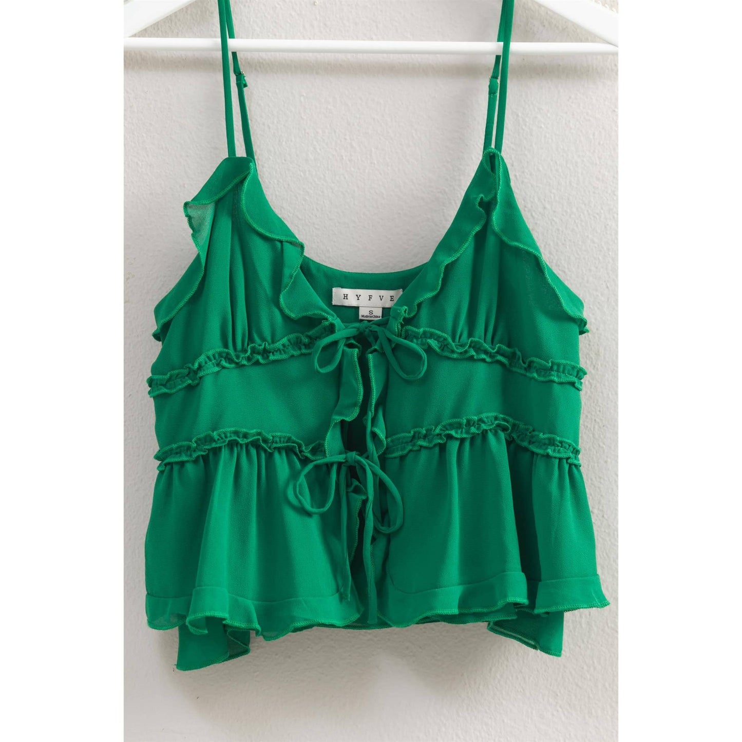 HF25E382-Chiffon Sleeveless Ruffled Cami Top: GREEN / S-M-L(2-2-2)