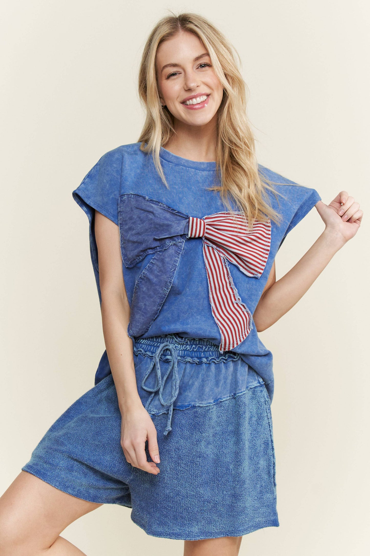 MineralWashed Americana Bow Sleeveless Blouse top HT5647P2.: Cyan