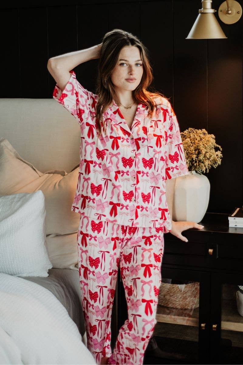 Pink & Red Coquette Bows Pajama Pants Set: Light Pink / S