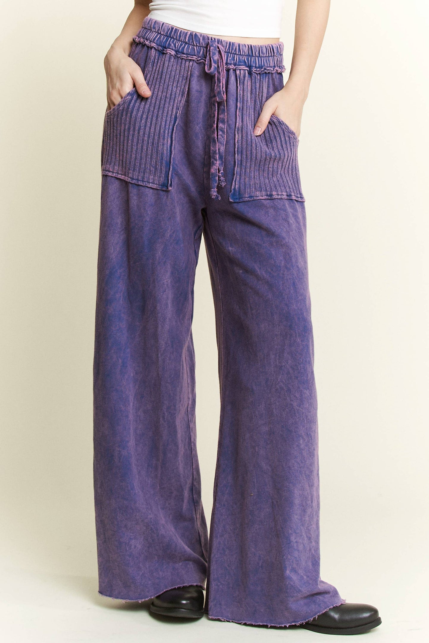 Best Mineral Wash Side Knit detail wide leg pantsHE5878P.: Latte / S-M-L / 2-2-2