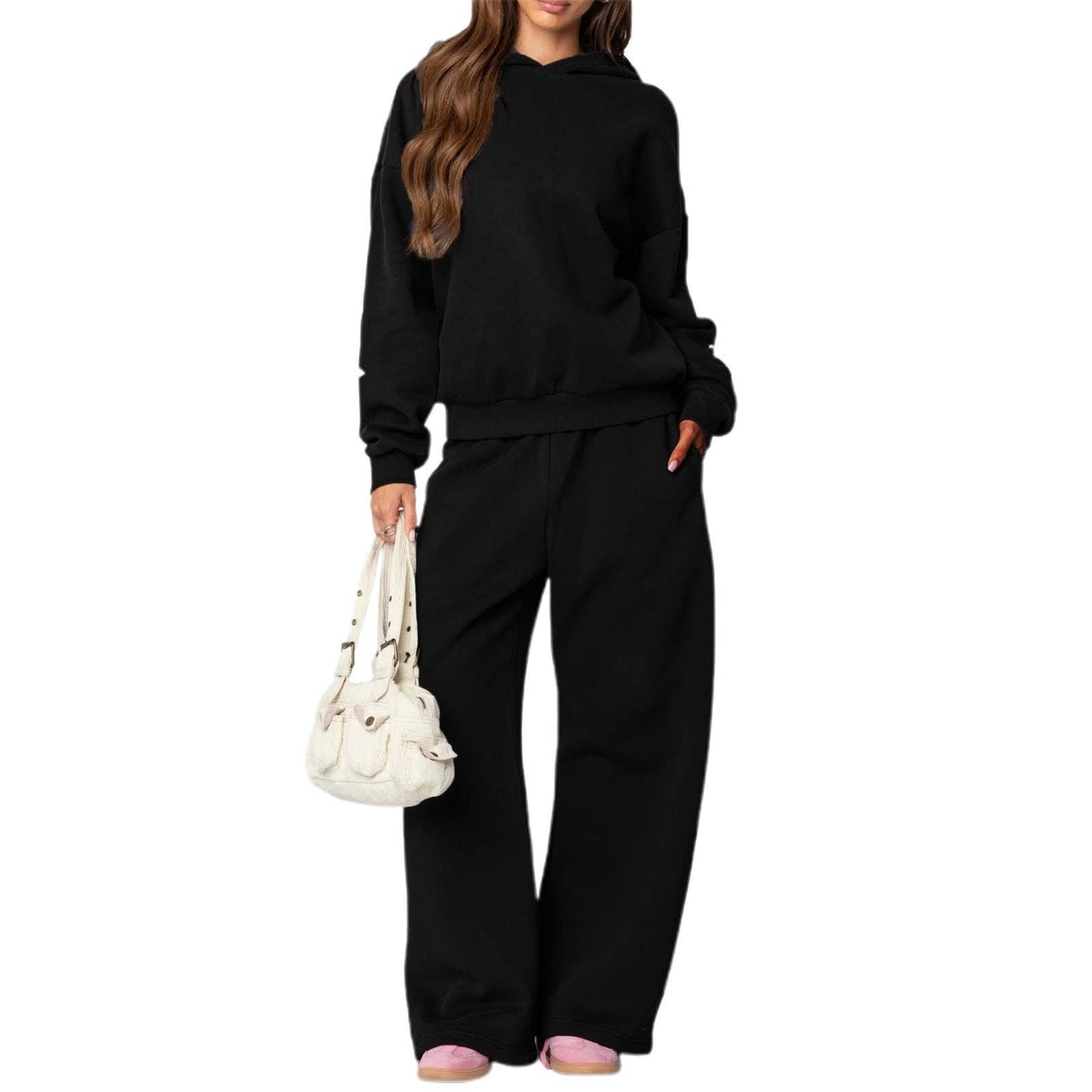 Trendy Casual Long Sleeve Loose Hoodie & Wide Leg Pants Set: Gray / S