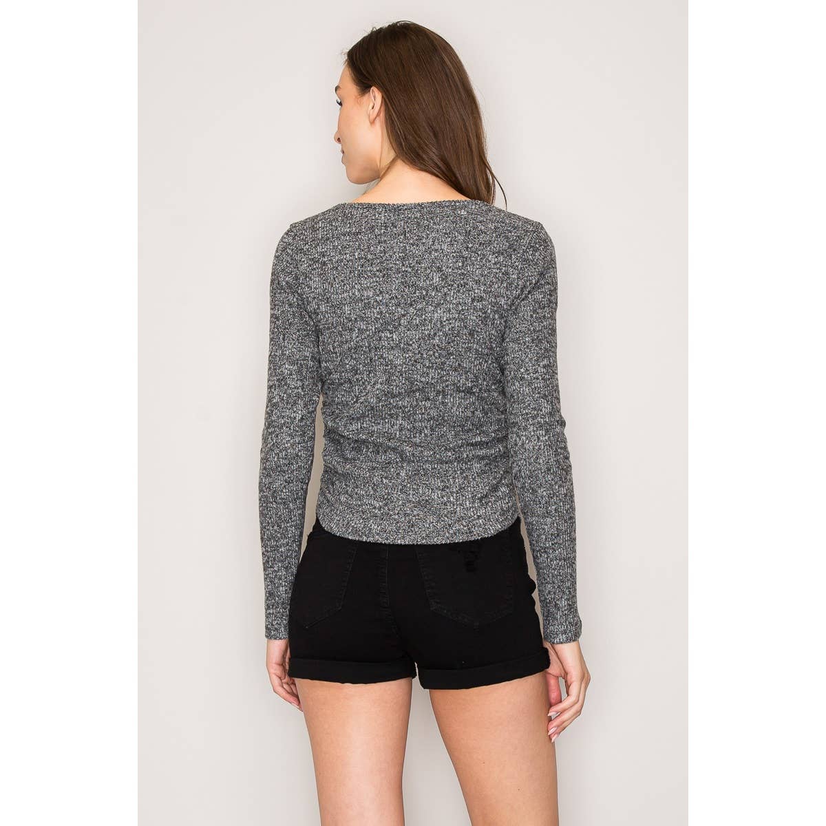 Square Neck Long Sleeve Shirring Sweater Knit Top: Mauve / S-M-L(2-2-2)