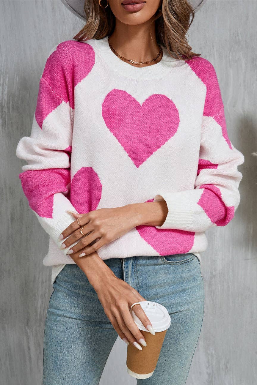 Valentine Heart Knit Sweater Pink Red Pullover Top: Rose Red / M
