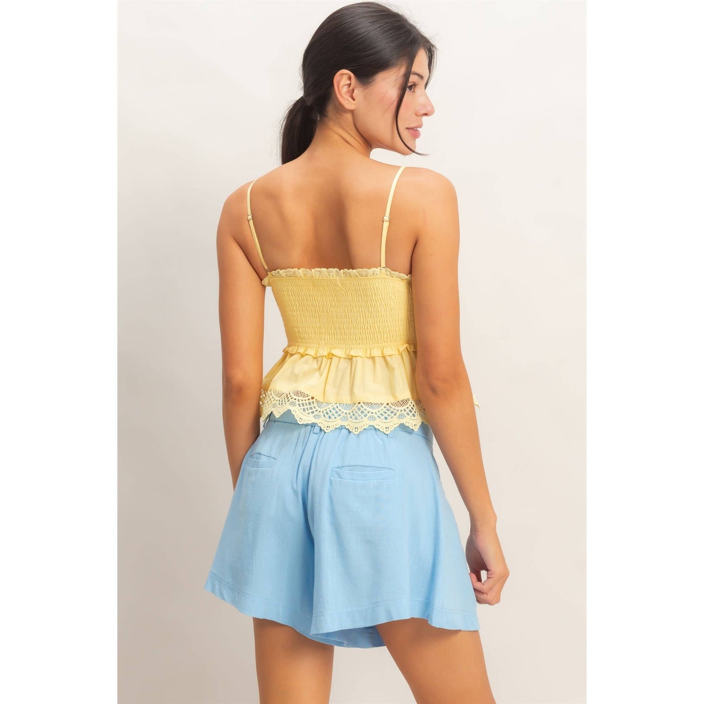Smocked Peplum Top With Lace Trim: YELLOW / S-M-L(2-2-2)