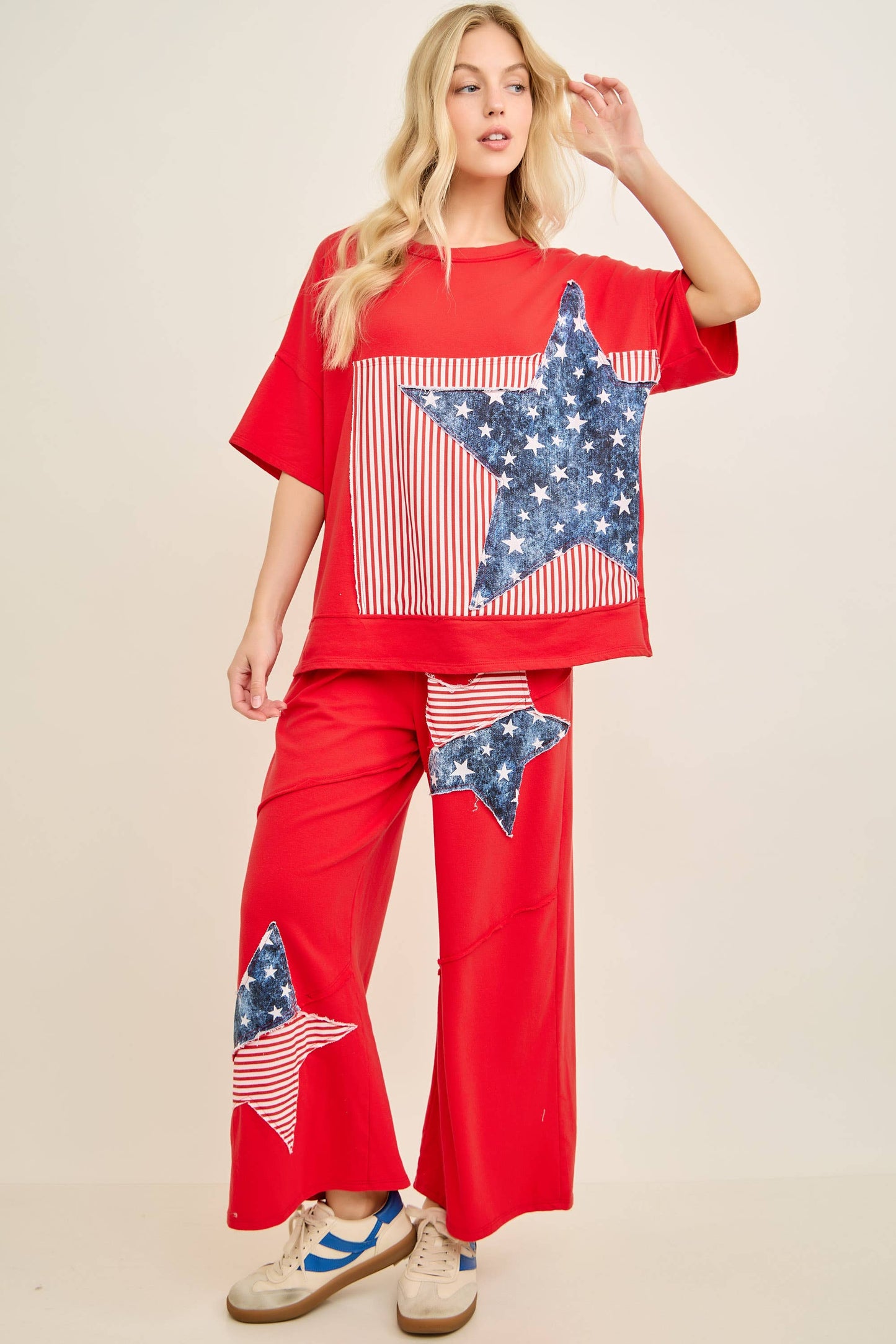 Americana Patched Tshirt top HT7319: Red / S-M-L / 2-2-2