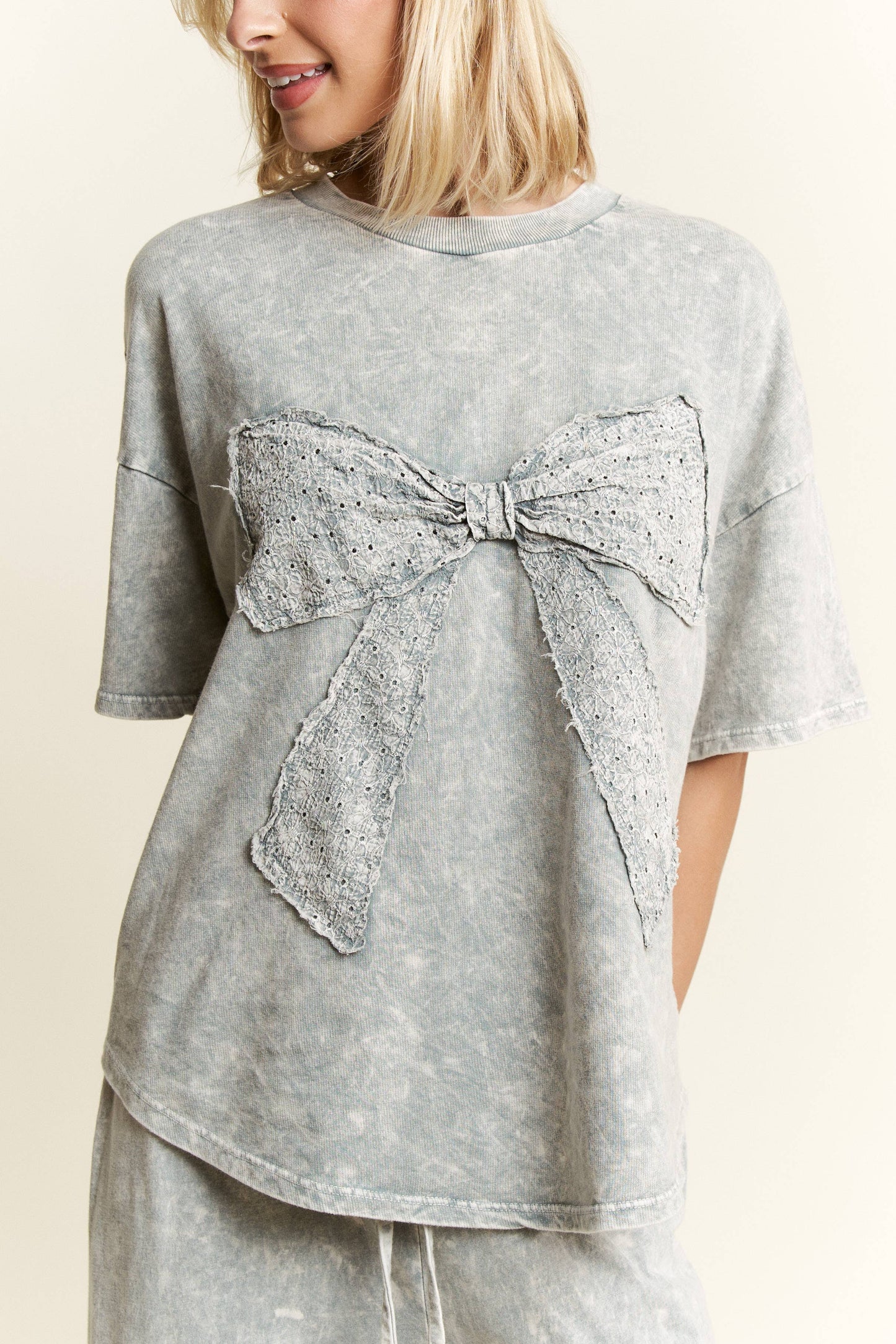 MineralWash Ribbon bow half sleeve shirt HT6308: Silver Grey / S-M-L / 2-2-2