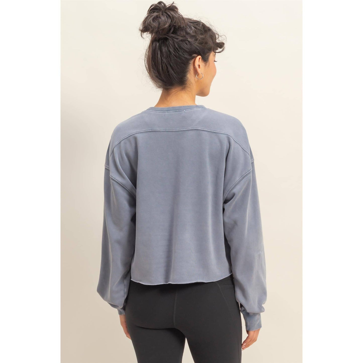 Cropped Crewneck Sweatshirt With Oversized Sleeves: DUSTY NAVY / S-M-L(2-2-2)