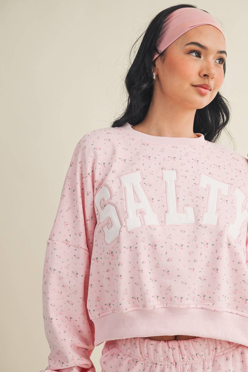 Salty Ditsy Print Crewneck Crop Sweatshirt: Pink Ditsy / L