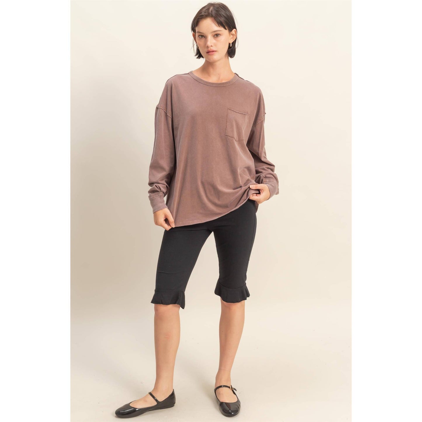 Oversized Washed Long Sleeve Pocket Tee: BLACK / S-M-L(2-2-2)
