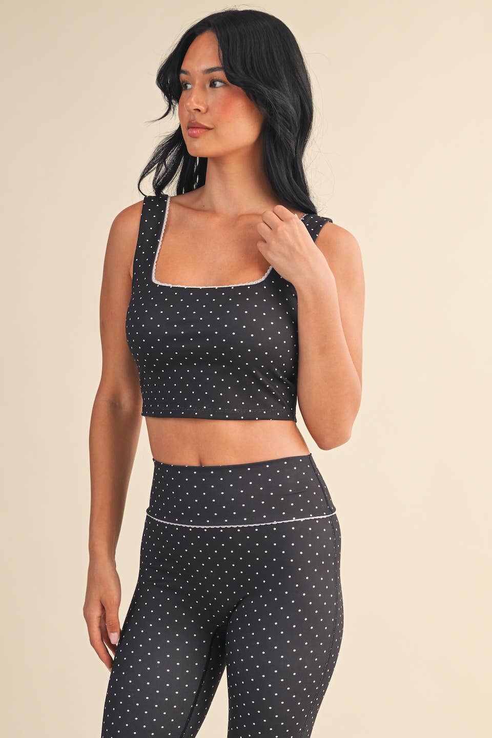 Polka Dot Print Crop Tank with Lace Trim: Black Polka Dot / S