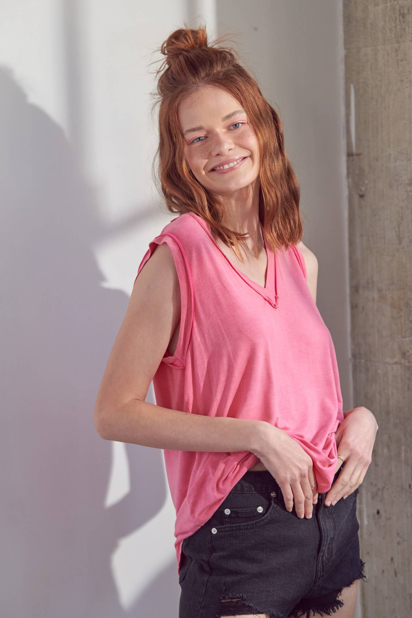 Mineral washed V neck Sleeveless Top HT4004: Olive / S-M-L/2-2-2