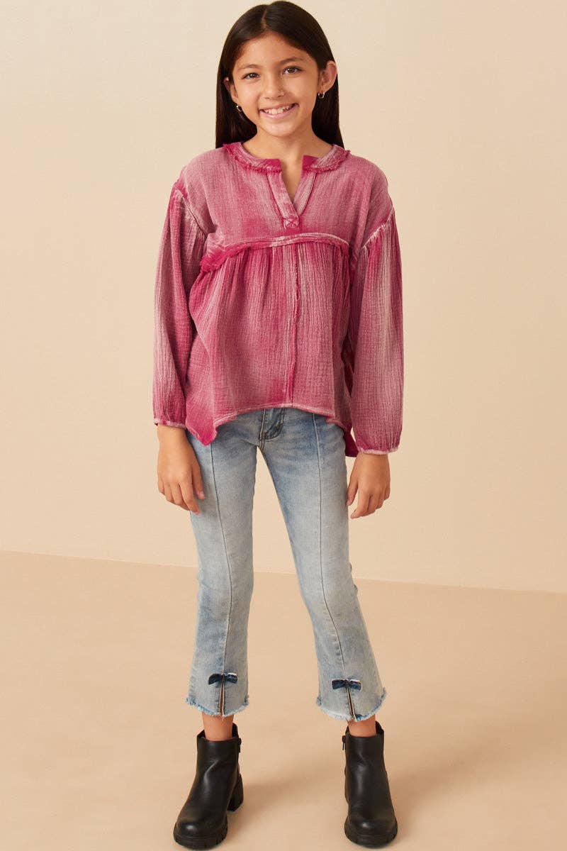 Girls Washed Raw Edge Puff Sleeve Peplum Top - 4 Pack: Magenta / Pack