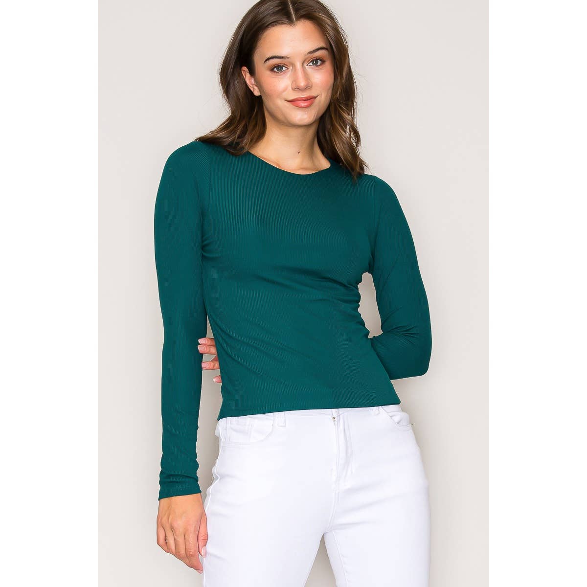 Double Layer Crew Neck Long Sleeve Rib Knit Top: Wine / S-M-L(2-2-2)