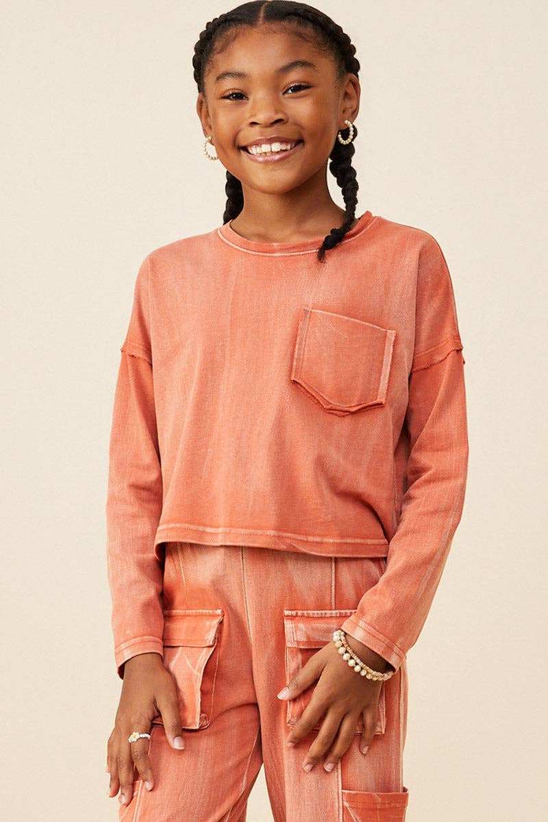 Girls Washed Chest Pocket Long Sleeve Knit T Shirt - 4 Pack: Rust / Pack