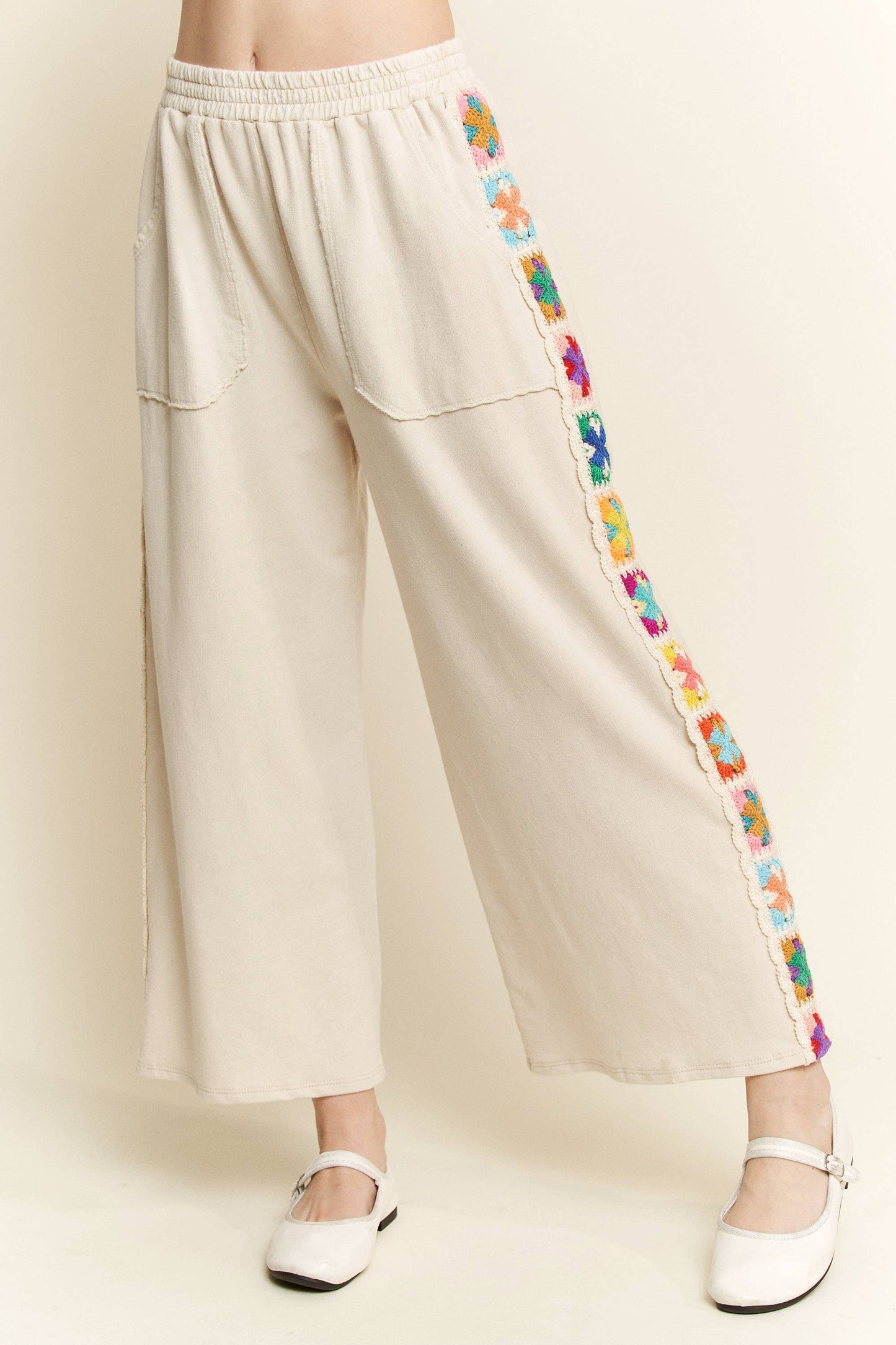 Mineral Washed Real Crochet patch side trim Pants HP6277: Natural / S-M-L / 2-2-2
