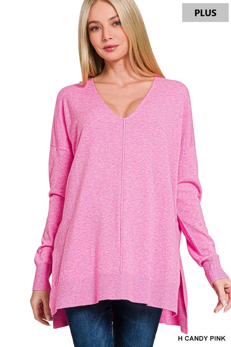 Plus Hi-Low Hem V-Neck Center Seam Sweater: H LT NAVY / 3-2 (1XL/2XL-2XL/3XL)