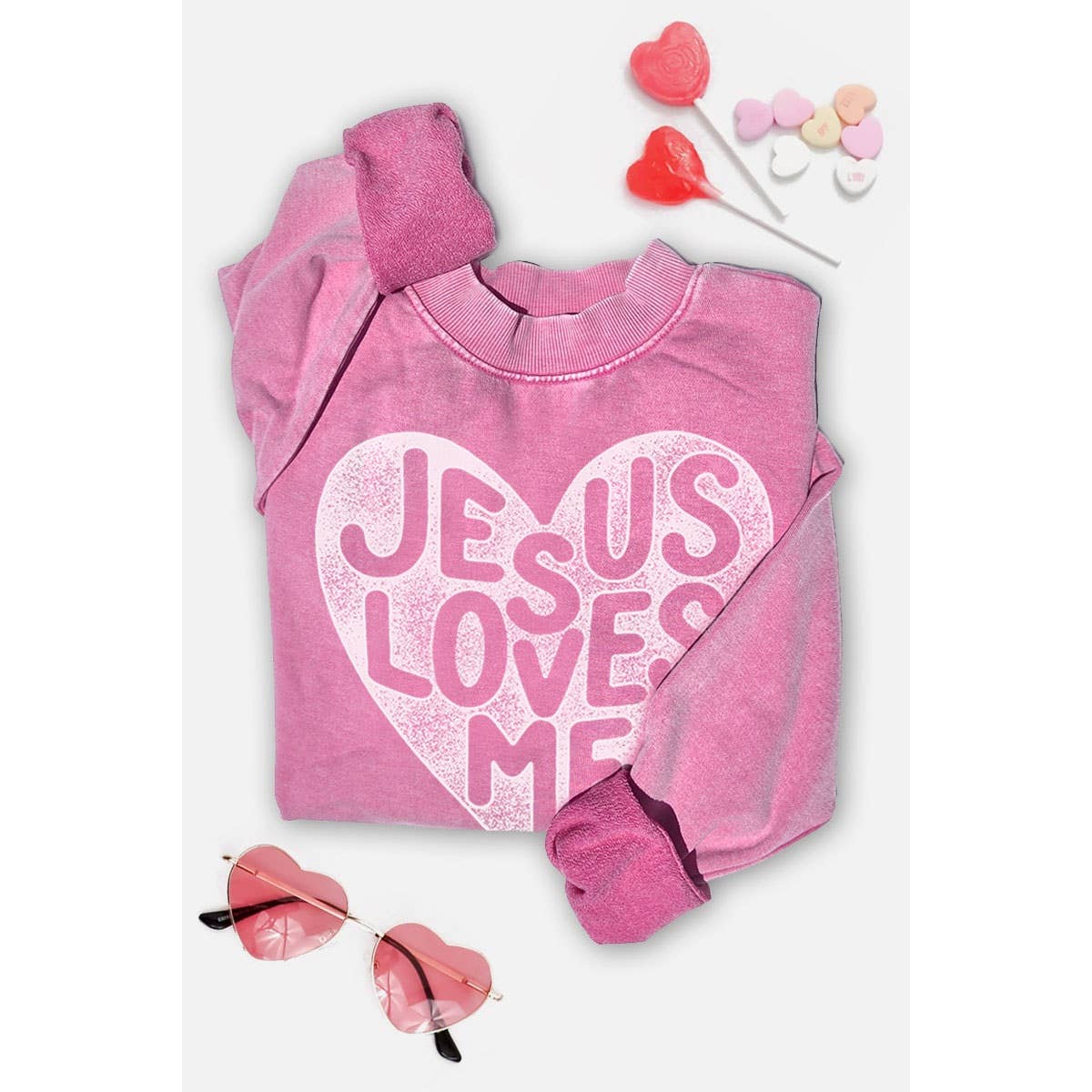 JESUS LOVES ME MINERAL GRAPHIC SWEATWHIRTS: Mineral Grey / S-M-L-XL(1-2-2-1)