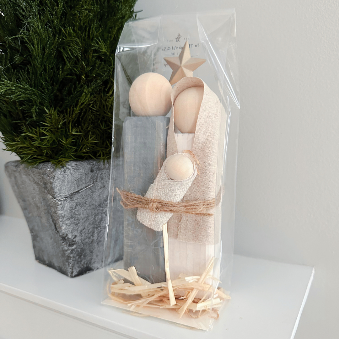 Simple Wooden Nativity Set | Hand-painted | Gift Wrapped: Gray & White