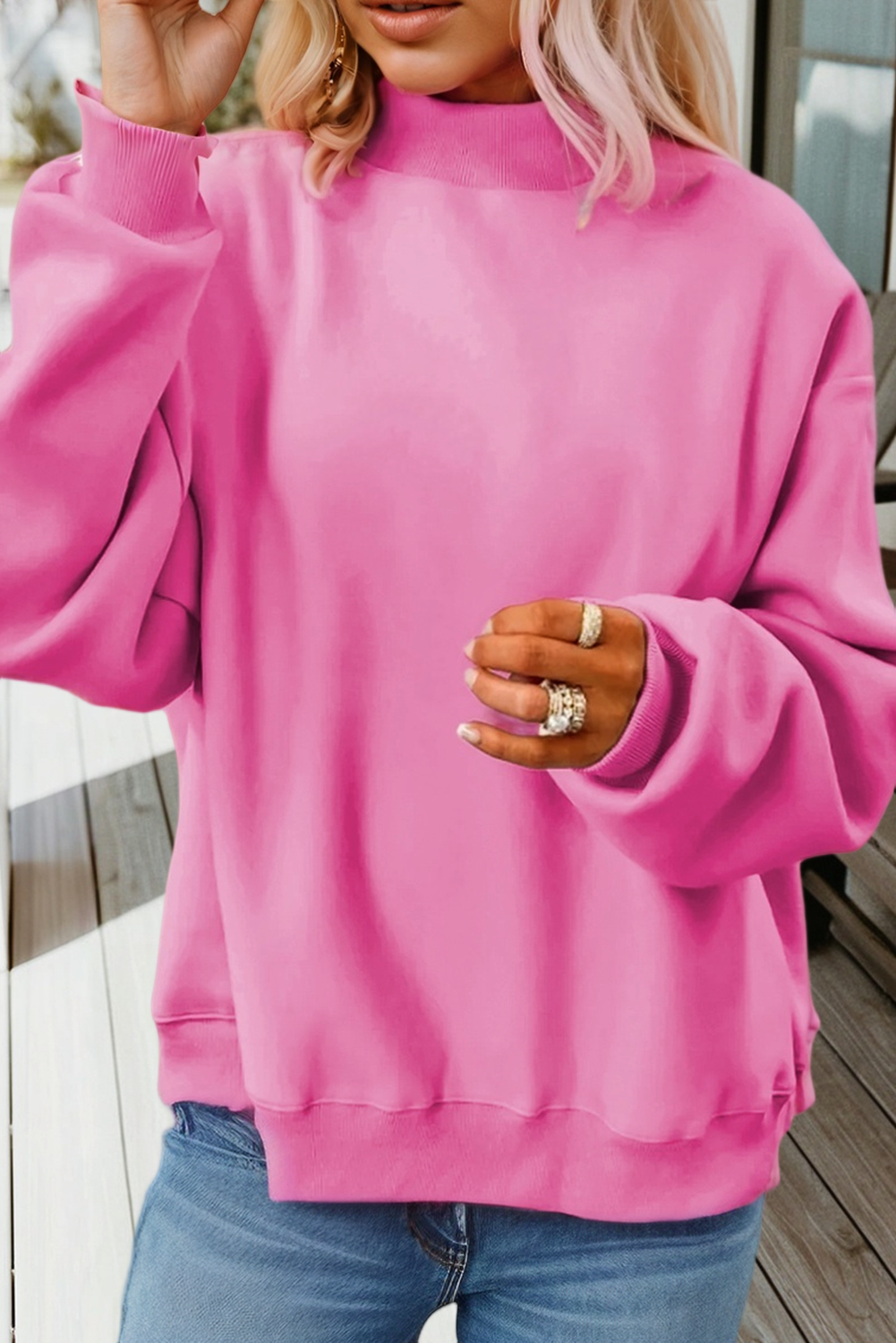 Love Solid Oversize Reversible Mock Neck Sweatshirt (S-XL): Light Grey / Missy / M