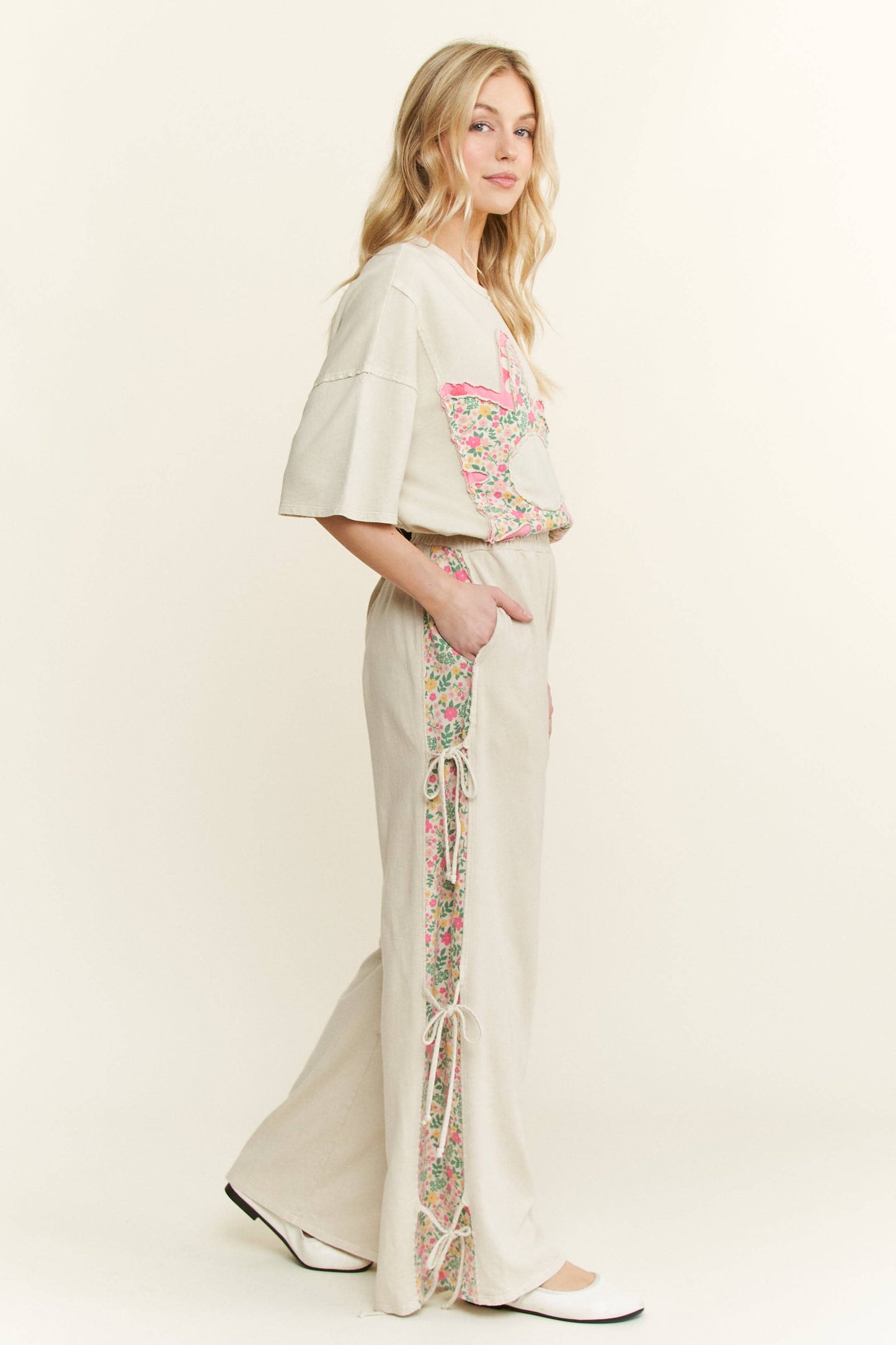 MineralWashed Bow Ribbon tie on the side Pants HP6418: DenimBlue / S-M-L / 2-2-2