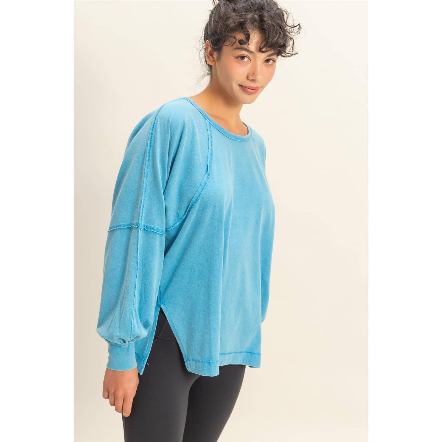 Washed Oversized Long Sleeve Top With Slit: CREAM / S-M-L(2-2-2)