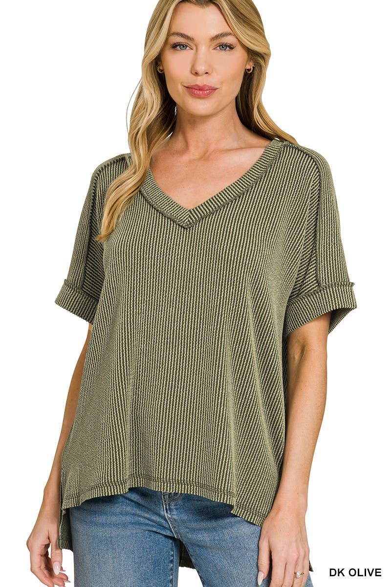 Raised Rib Short Sleeve Hi-low V Neck Top: RUBY / 3-3(S/M-L/XL)