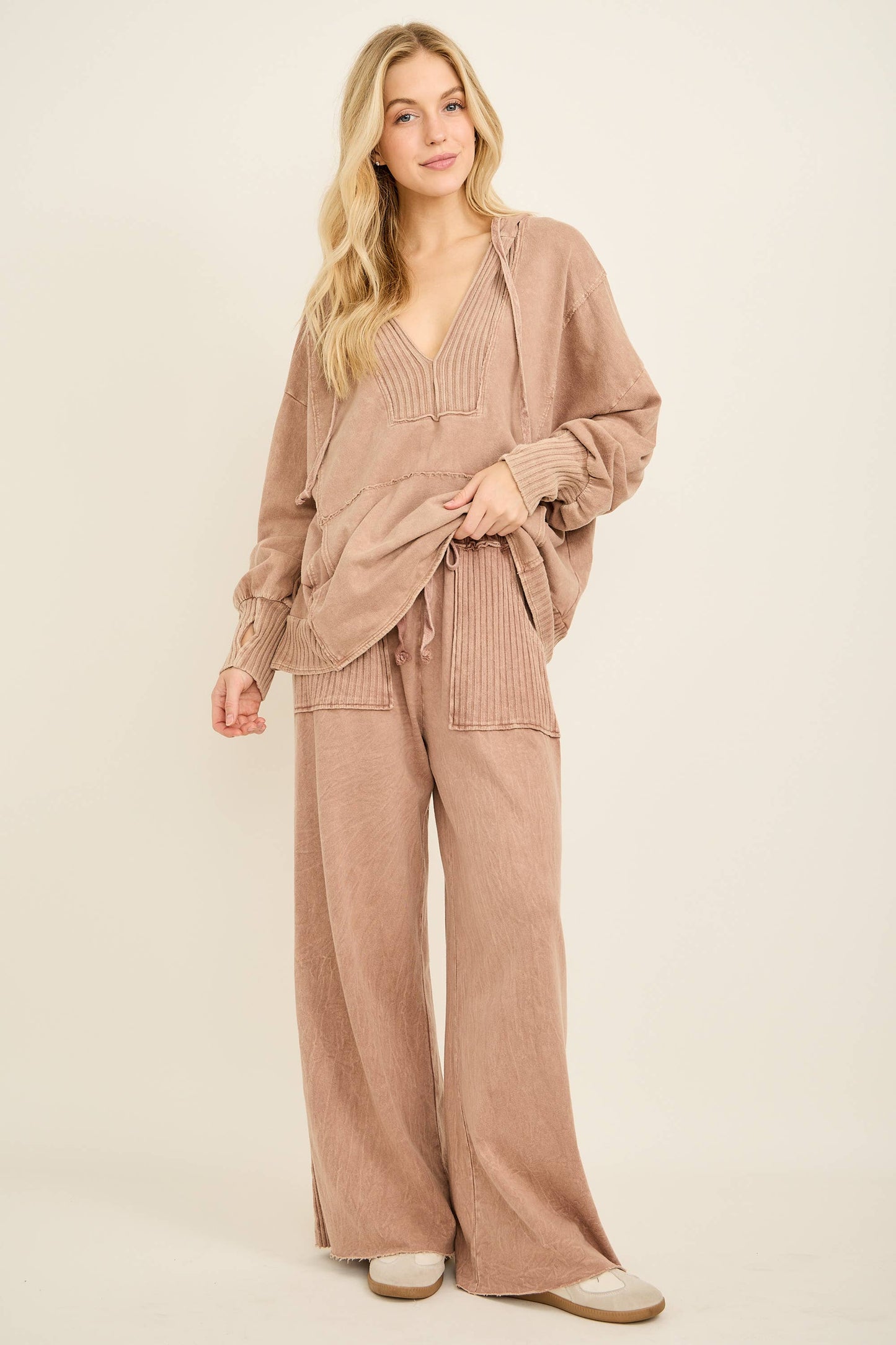 Mineral Wash Side Knit detail wide leg pants HE5878P..: Olive / S-M-L / 2-2-2