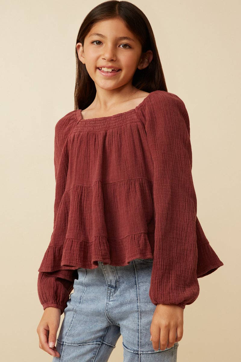 Girls Smock Detailed Textured Washed Peplum Top - 4 Pack: Black / Pack