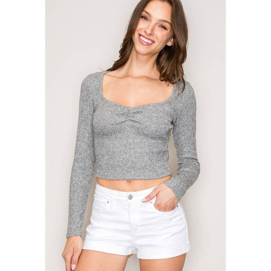 Sweetheart Neck Long Sleeve Sweater Hacci Rib Top: Heather Grey / S-M-L(2-2-2)