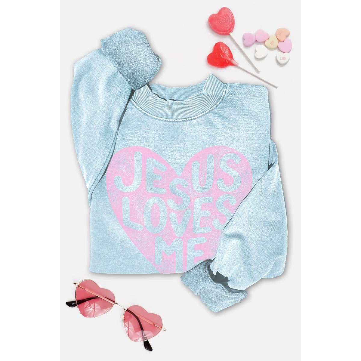 JESUS LOVES ME MINERAL GRAPHIC SWEATWHIRTS: Mineral Grey / S-M-L-XL(1-2-2-1)