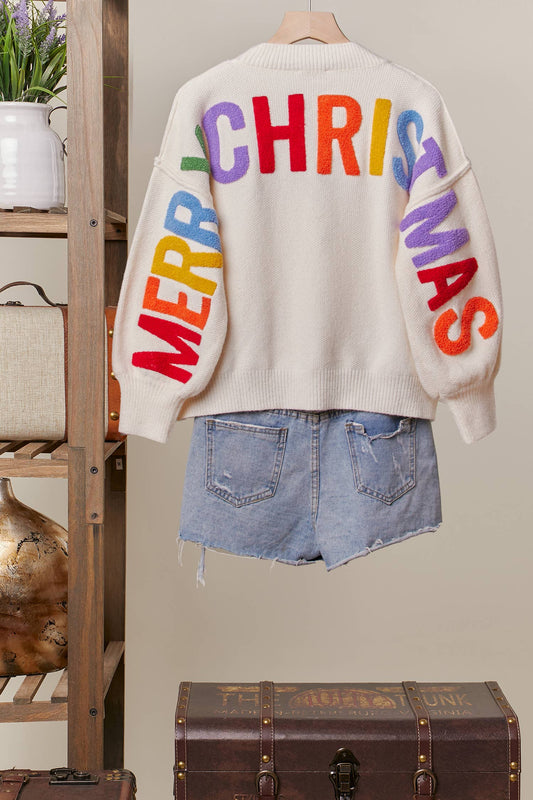 OVERSIZE Christmas Sweater with Lettering: Ivory-Multi / S