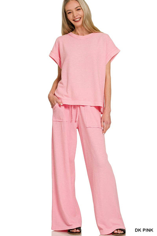Washed Slub Short Sleeve Tee And Long Pants Set: DK PINK / 1-1-1(S-M-L)